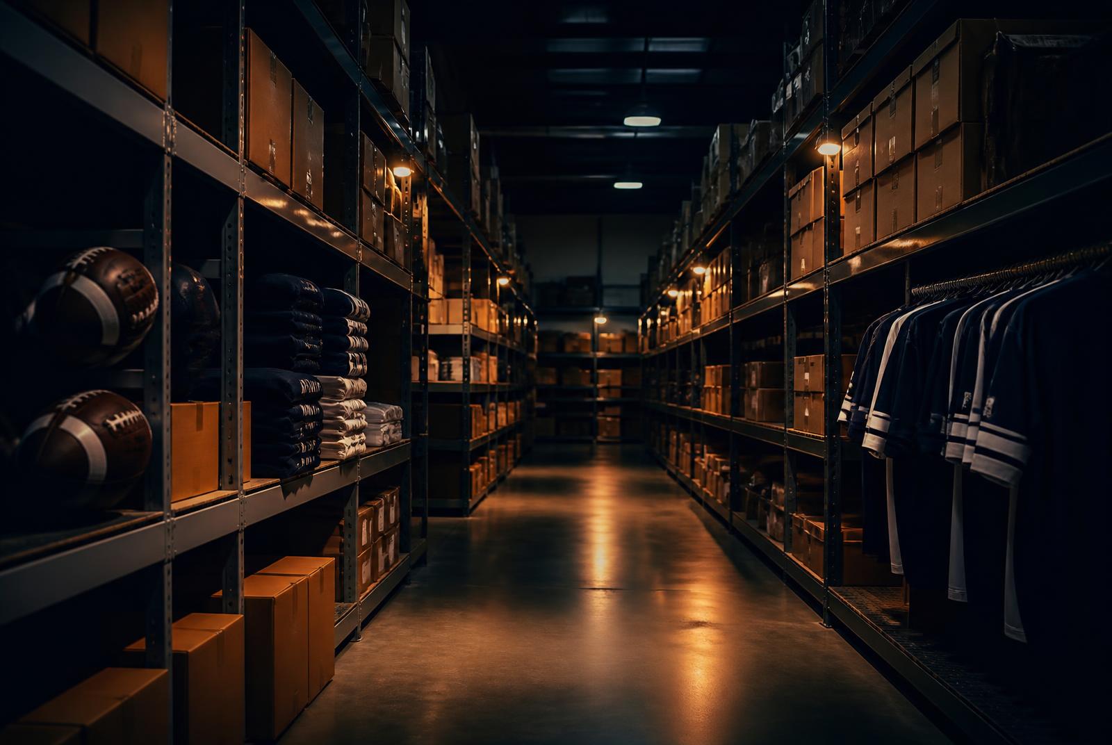 Fulfillment warehouse aisle stocked with football merchandise and apparel
